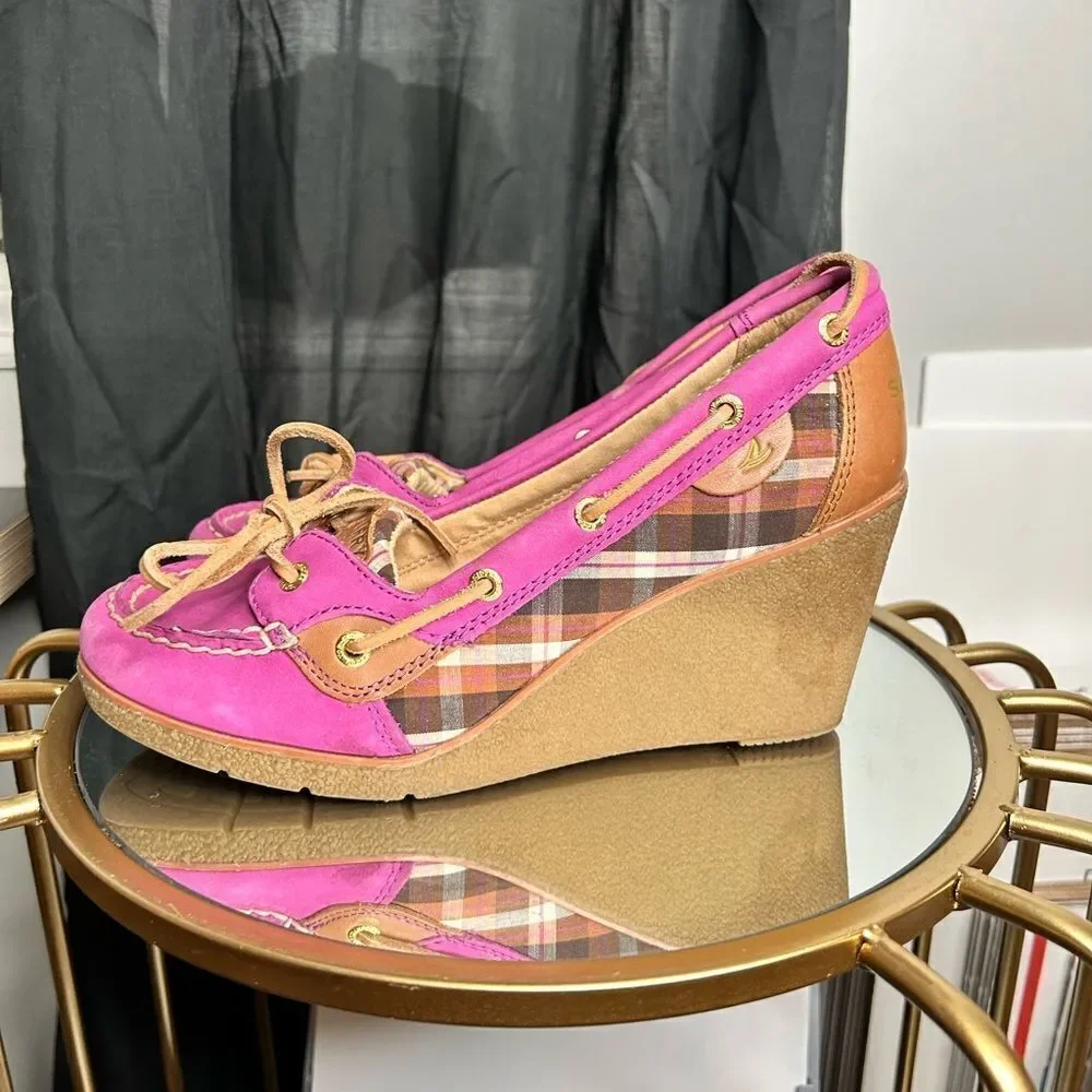 Sperry Pink Plaid Goldfish Leather Wedges